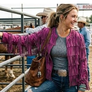 L Purple Suede Fringe Jacket Womens Boho Western Cowgirl Leather